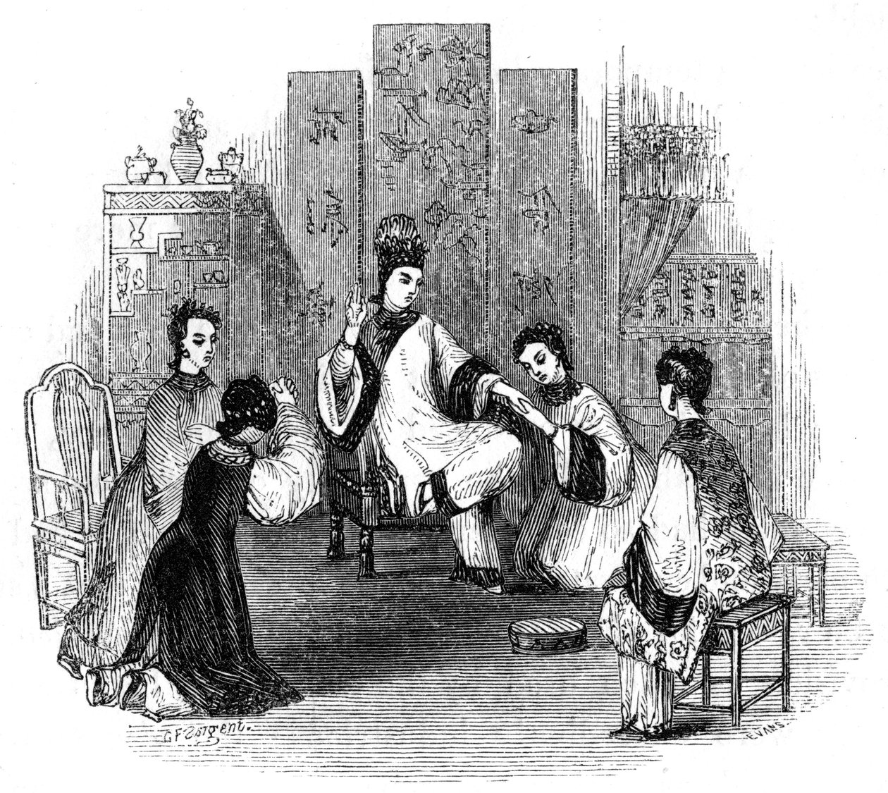 Płaczące chińskie dziewczęta z panną młodą, 1847 autorstwa Evans