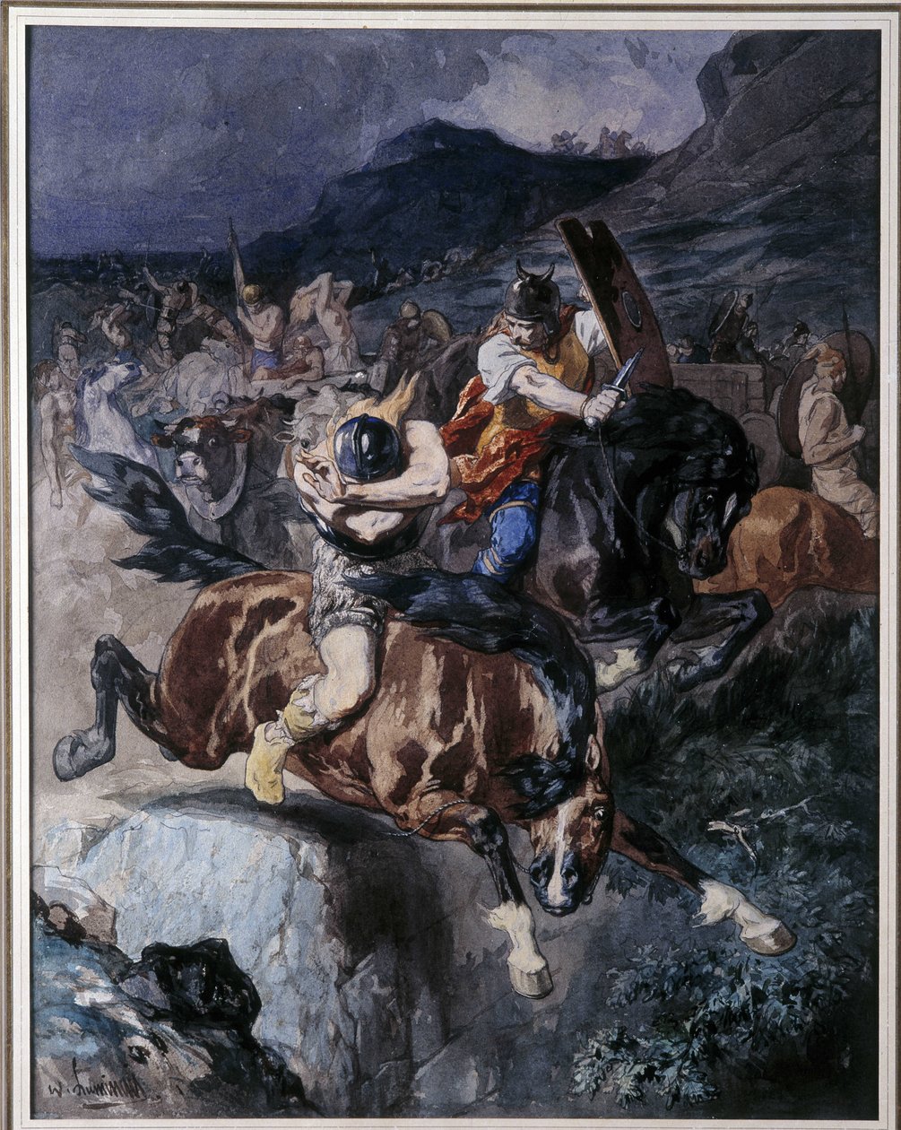Walka jeźdźców franków (akwarela) autorstwa Evariste Vital Luminais