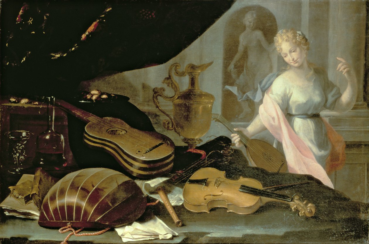 Martwa natura z instrumentami muzycznymi, z kobiecą postacią autorstwa Evaristo Baschenis