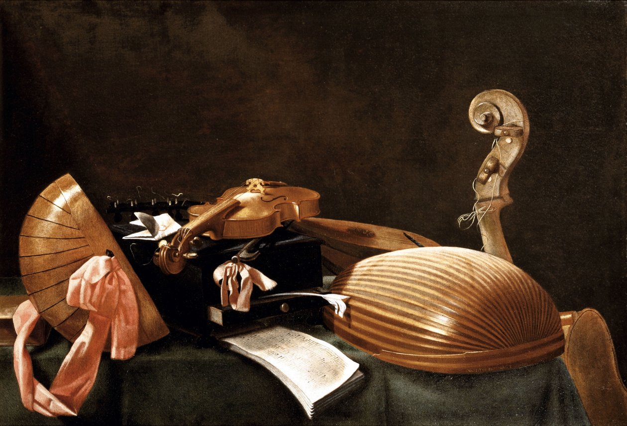 Martwa natura z instrumentami muzycznymi, ok. godz. 1650 autorstwa Evaristo Baschenis