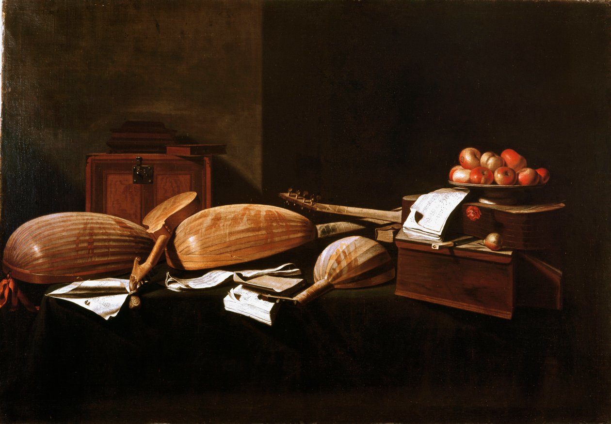 Martwa natura Peches i instrumenty muzyczne. Obraz Evaristo Baschenisa (1617-1677) Bergamo z XVII wieku, kolekcja prywatna autorstwa Evaristo Baschenis