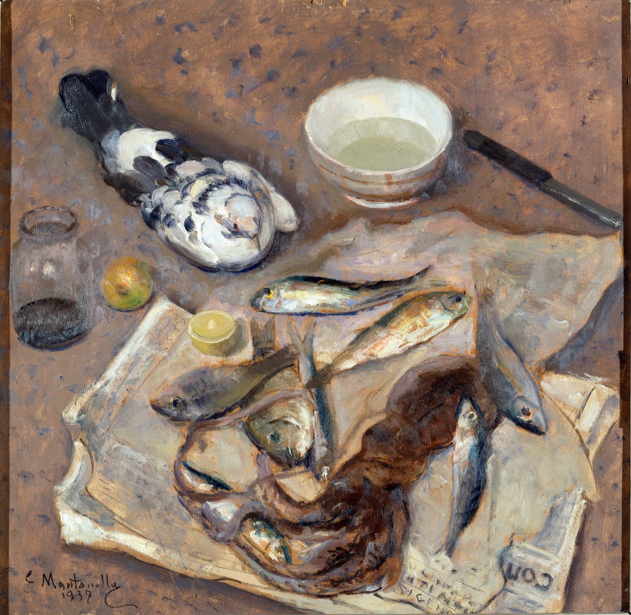 Martwa natura Ryby i gołębie. Obraz Evasio Montanella (1878-1940) 1937 Nd. 62x64 cm Genes Nervi, Galeria Arte Moderna, nr inw. 0433 autorstwa Evasio Montanella