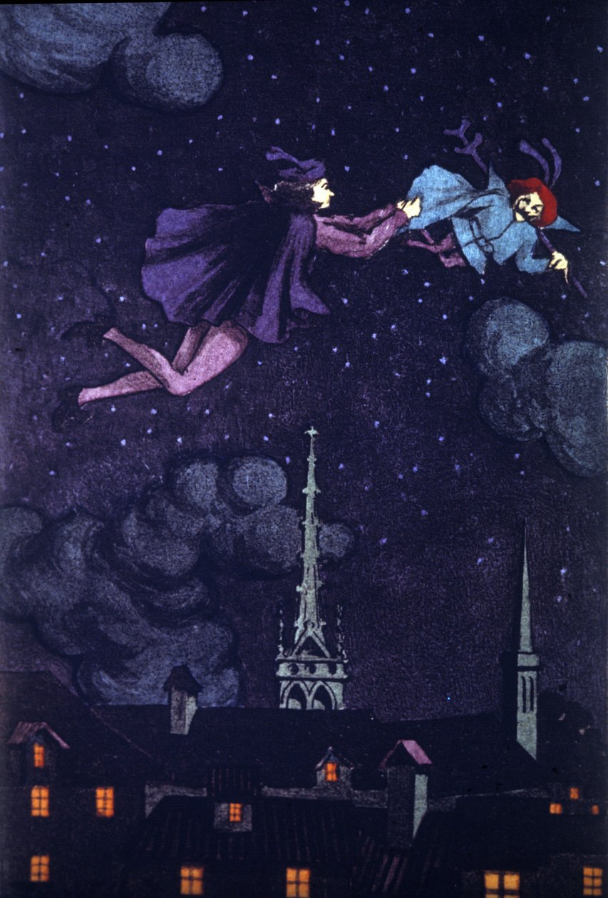 Ilustracja do powieści „Kulawy diabeł” Alaina Rene Lesage (Alain-Rene Le Sage) (1668-1747) (1707). Rysunek E.Torrenta, ok. 1930. autorstwa Evelio Torrent