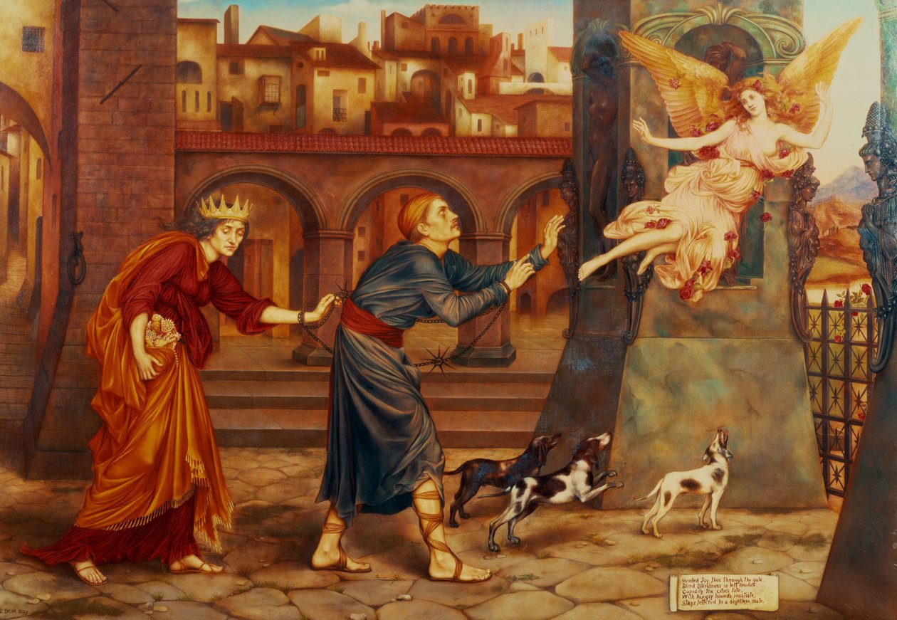 Ślepota i chciwość goniące radość z miasta, 1897 autorstwa Evelyn De Morgan