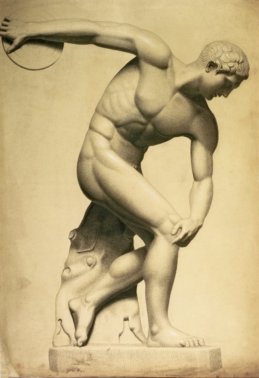 Dyskowiec, rysunek rzeźby klasycznej, ok. 1874 (ołówek, kredka na papierze) autorstwa Evelyn De Morgan
