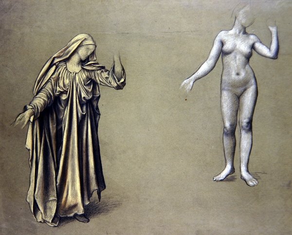 Studium Draped Figure z towarzyszącym aktem (kolorowe kredy na papierze) autorstwa Evelyn De Morgan