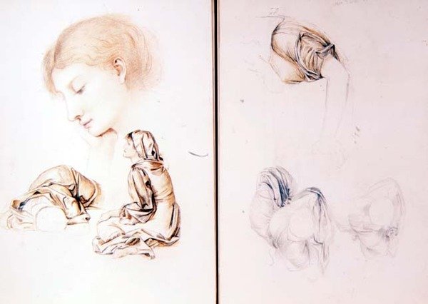 Sześć studiów modelek, dwie strony z jednego ze szkicowników artysty (ołówek, kreda na papierze) autorstwa Evelyn De Morgan