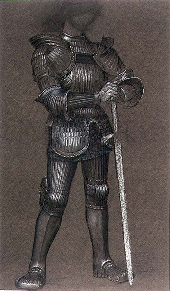 Study of Armor dla „Life and Thought Have Gone Away”, c.1893 (czarno-biała kreda na barwionym papierze) autorstwa Evelyn De Morgan