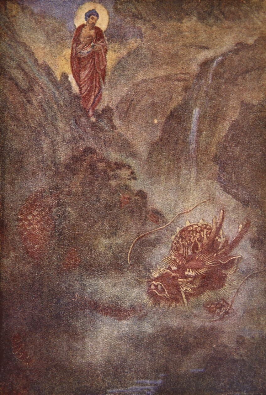 Budda i smok, ilustracja z „Mity i legendy Japonii” F. Hadlanda Davis autorstwa Evelyn Paul