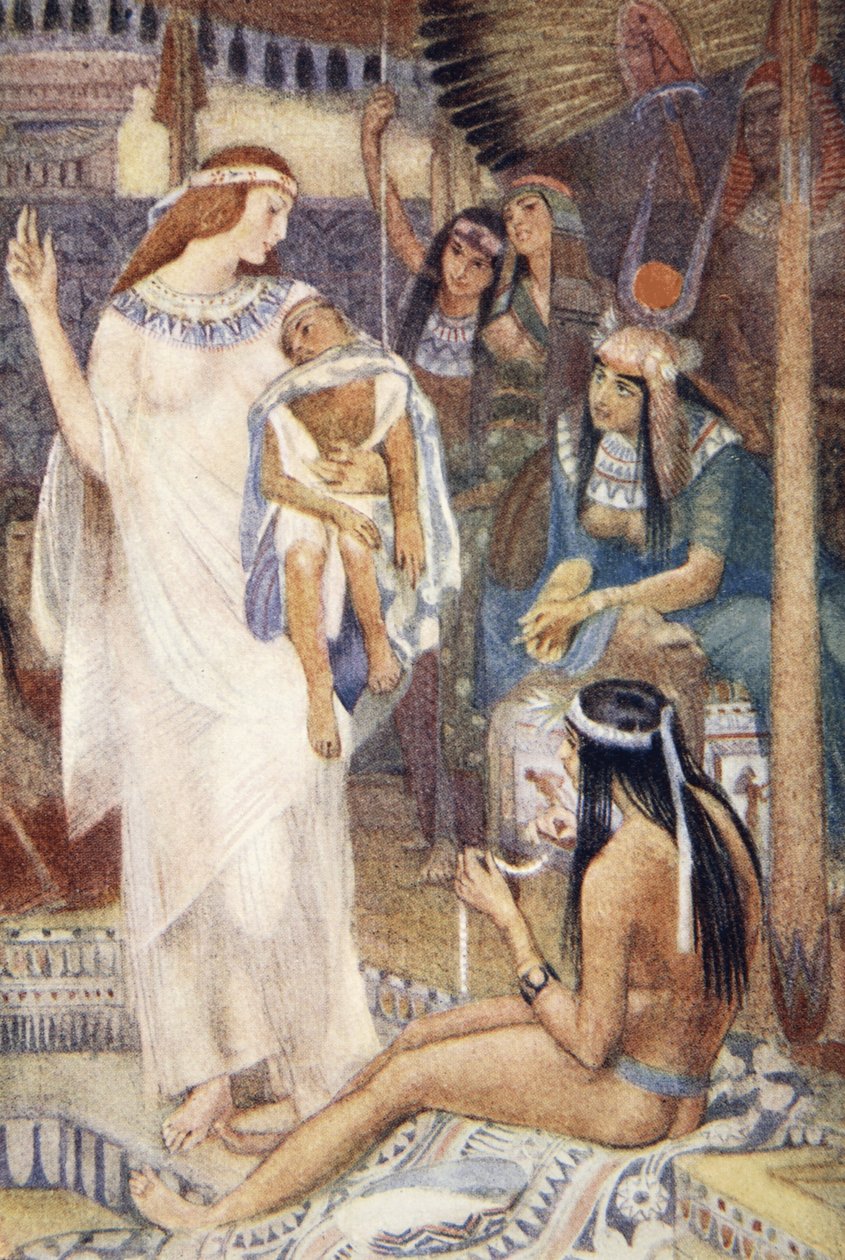Izyda i mały Książę, ilustracja z „Mity o starożytnym Egipcie” Lewisa Spence autorstwa Evelyn Paul