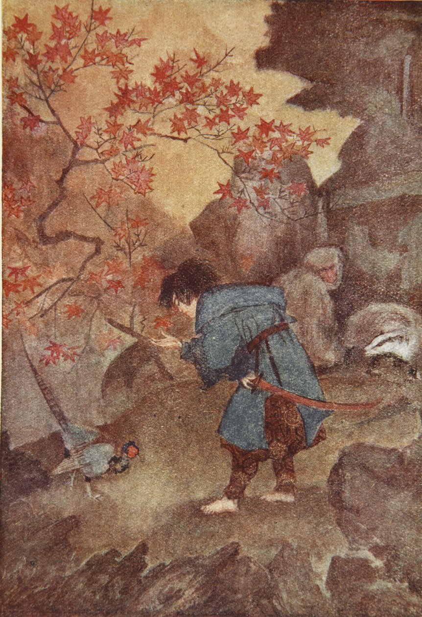 Momotaro i bażant, ilustracja z „The Myths and Legends of Japan” F Hadlanda Davisa autorstwa Evelyn Paul