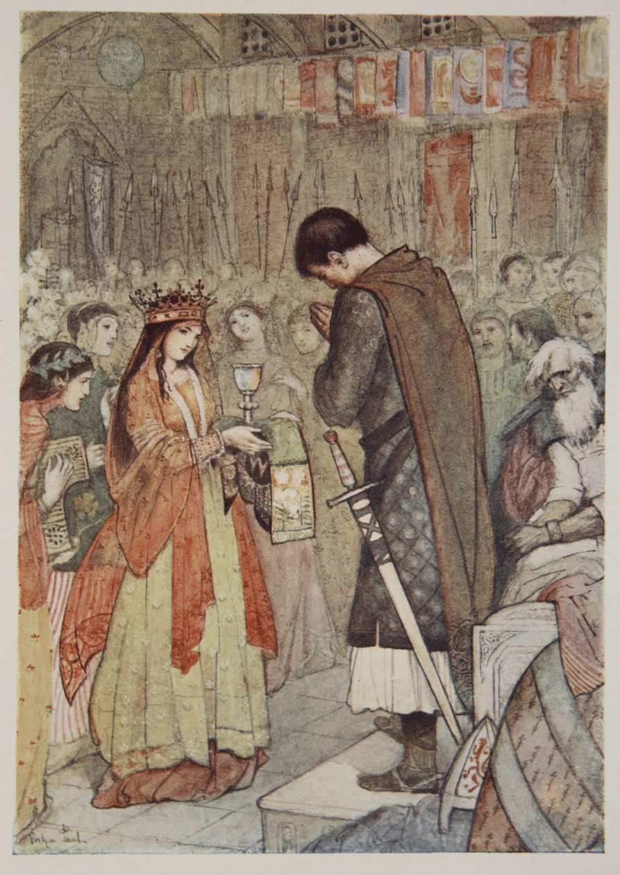 Parzival modli się o przewodnictwo, z „Mity i legendy średniowiecza” H.A. Guerber autorstwa Evelyn Paul