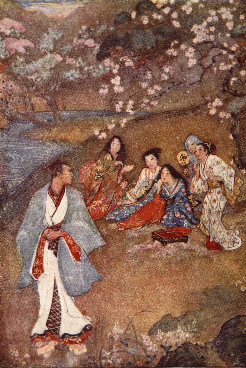 Shingle i Yoshizawa przy fioletowej studni, ilustracja z „The Myths and Legends of Japan” F. Hadlanda Davisa autorstwa Evelyn Paul