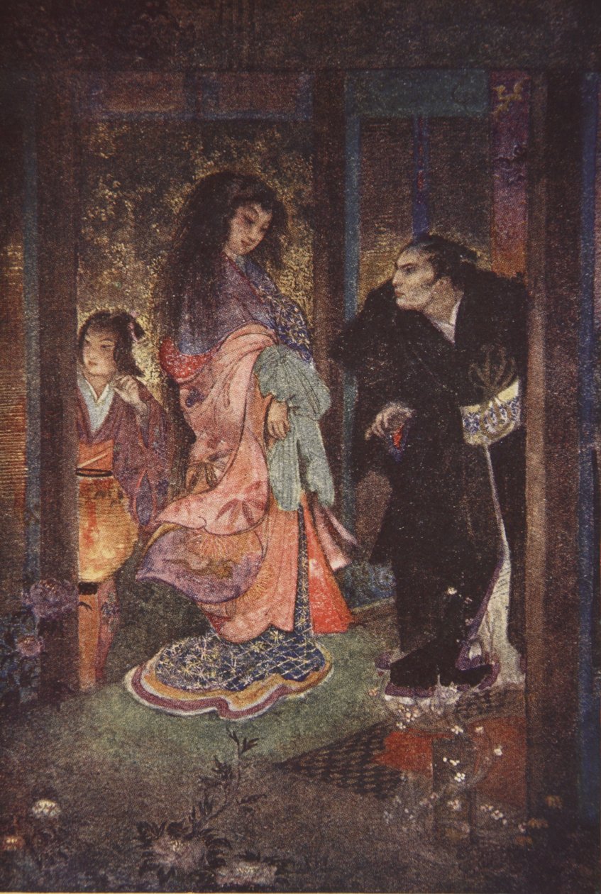 Shinzaburo rozpoznał Tsuyu i jej służącą Yone, ilustracja z „The Myths and Legends of Japan” F. Hadlanda Davisa autorstwa Evelyn Paul