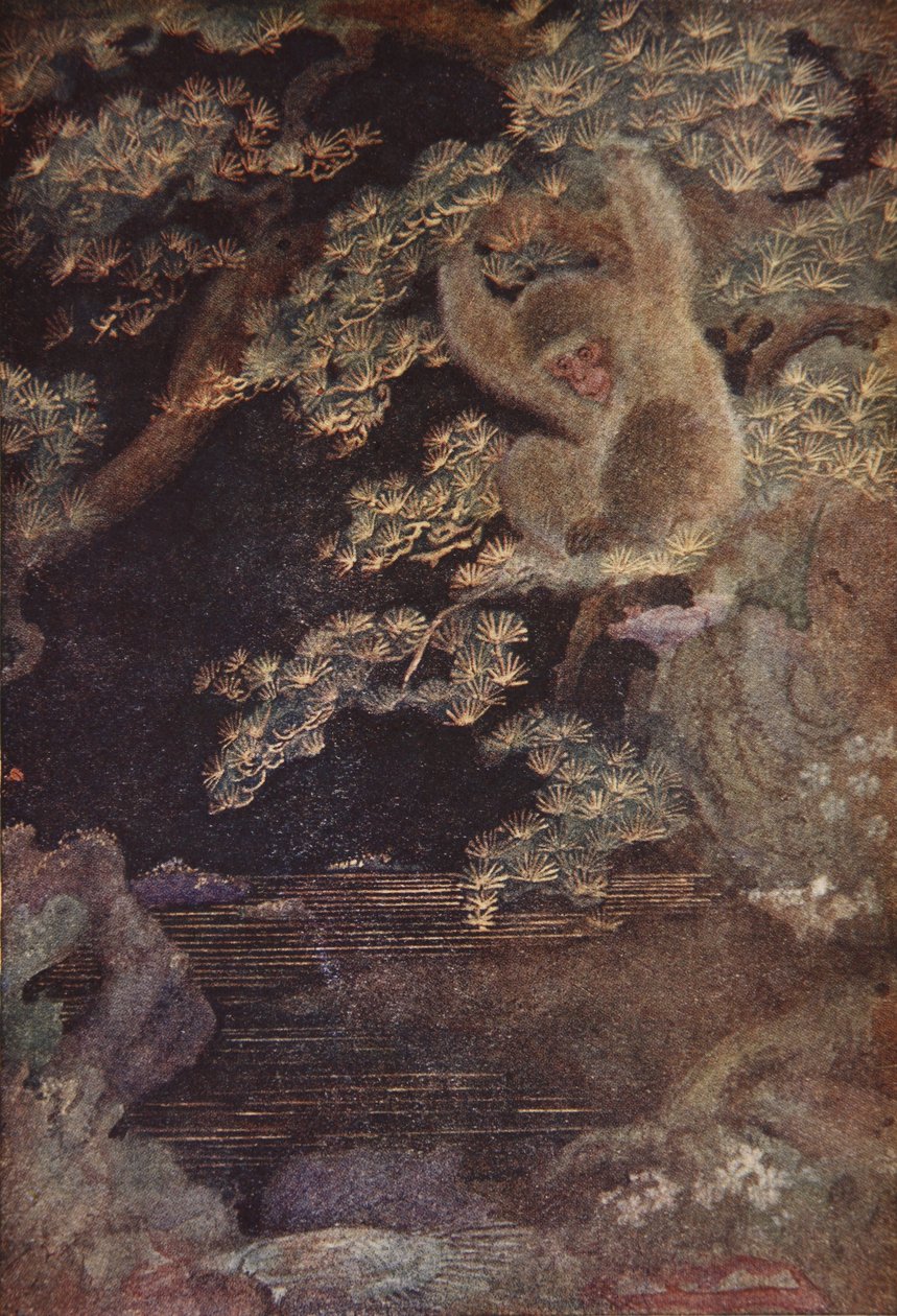 Meduza i małpa, ilustracja z „The Myths and Legends of Japan” F. Hadlanda Davisa autorstwa Evelyn Paul