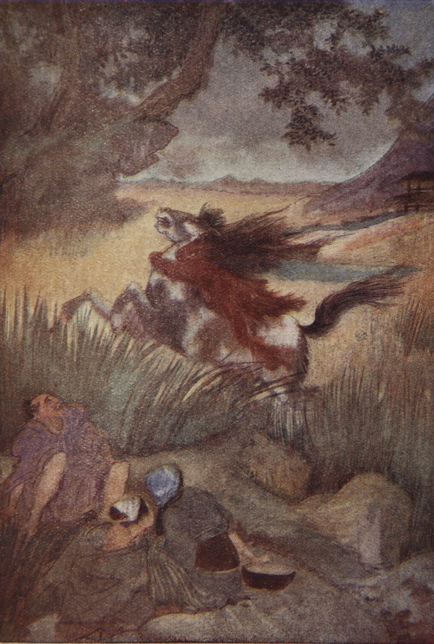 Kappa i jego ofiara, ilustracja z „The Myths and Legends of Japan” F. Hadlanda Davisa autorstwa Evelyn Paul