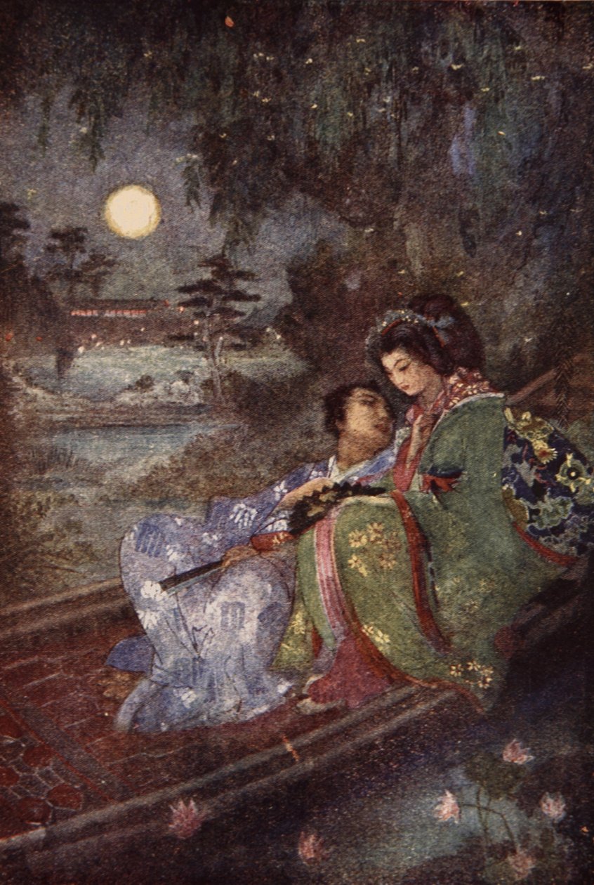 Kochankowie, którzy wymieniają się fanami, frontispis z „The Myths and Legends of Japan” F Hadlanda Davisa autorstwa Evelyn Paul
