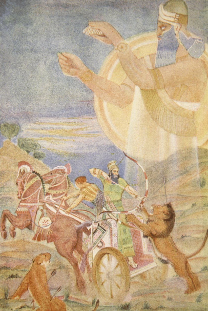 Tiglath-Pileser I w reżyserii Niniba, ilustracja do filmu „Mity i legendy Babilonii i Asyrii” Lewisa Spence