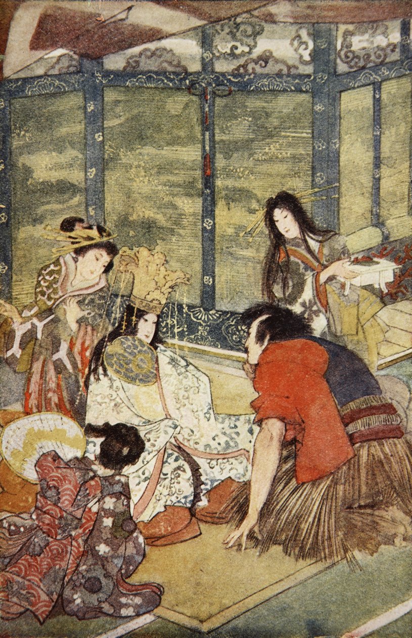 Urashima i córka Króla Mórz, ilustracja z „The Myths and Legends of Japan” F. Hadlanda Davisa autorstwa Evelyn Paul
