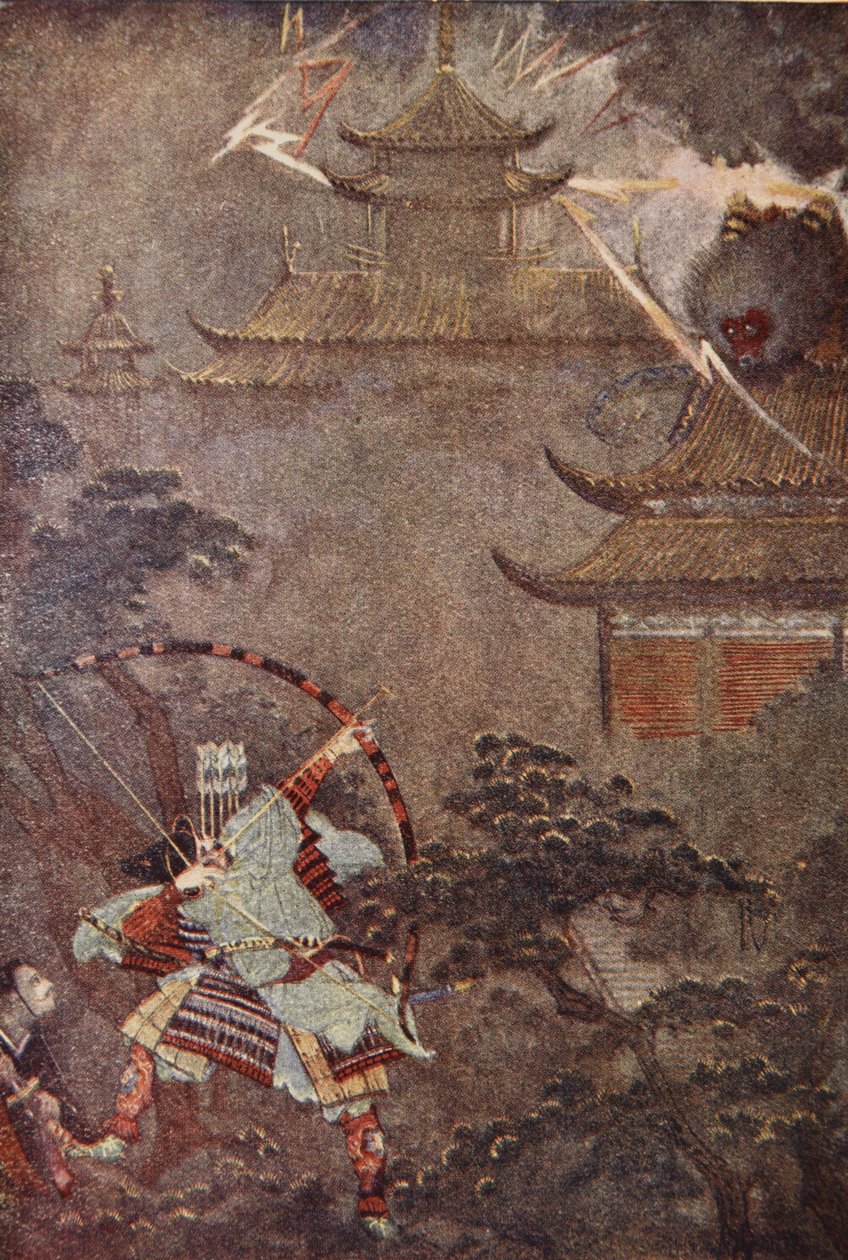 Yorimasa zabija potwora, ilustracja z „The Myths and Legends of Japan” F Hadlanda Davisa autorstwa Evelyn Paul