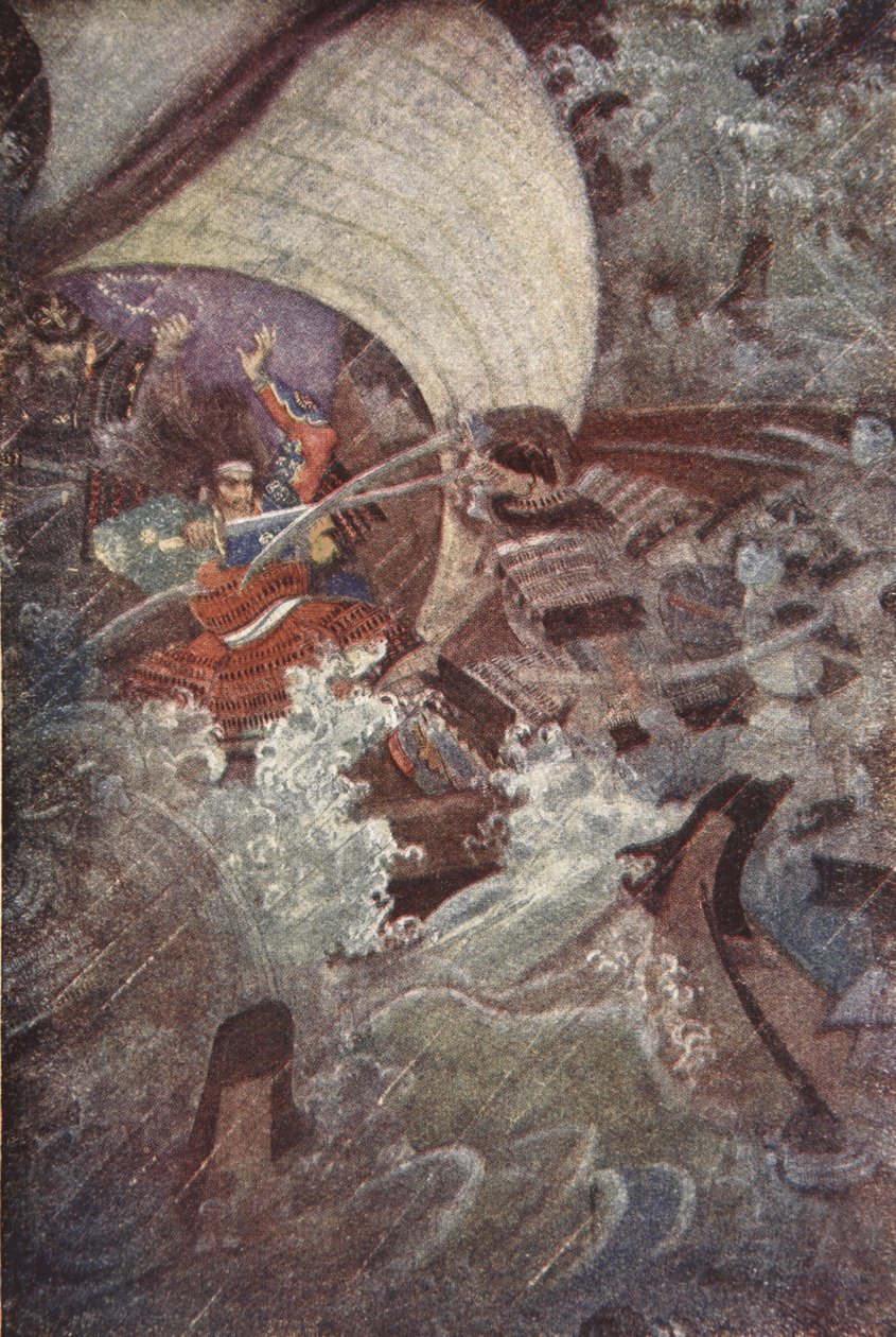 Yoshitsune i Benkei zaatakowani przez upiorną kompanię klanu Taira, ilustracja z „Japońskich mitów i legend” F Hadlanda Davisa autorstwa Evelyn Paul