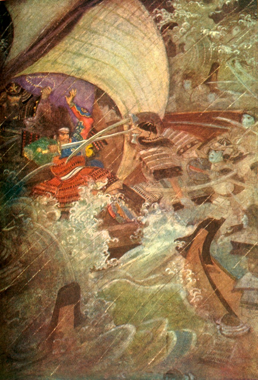 „Yoshitune i Benkei zaatakowani przez upiorną kompanię klanu Taira”, 1912. autorstwa Evelyn Paul