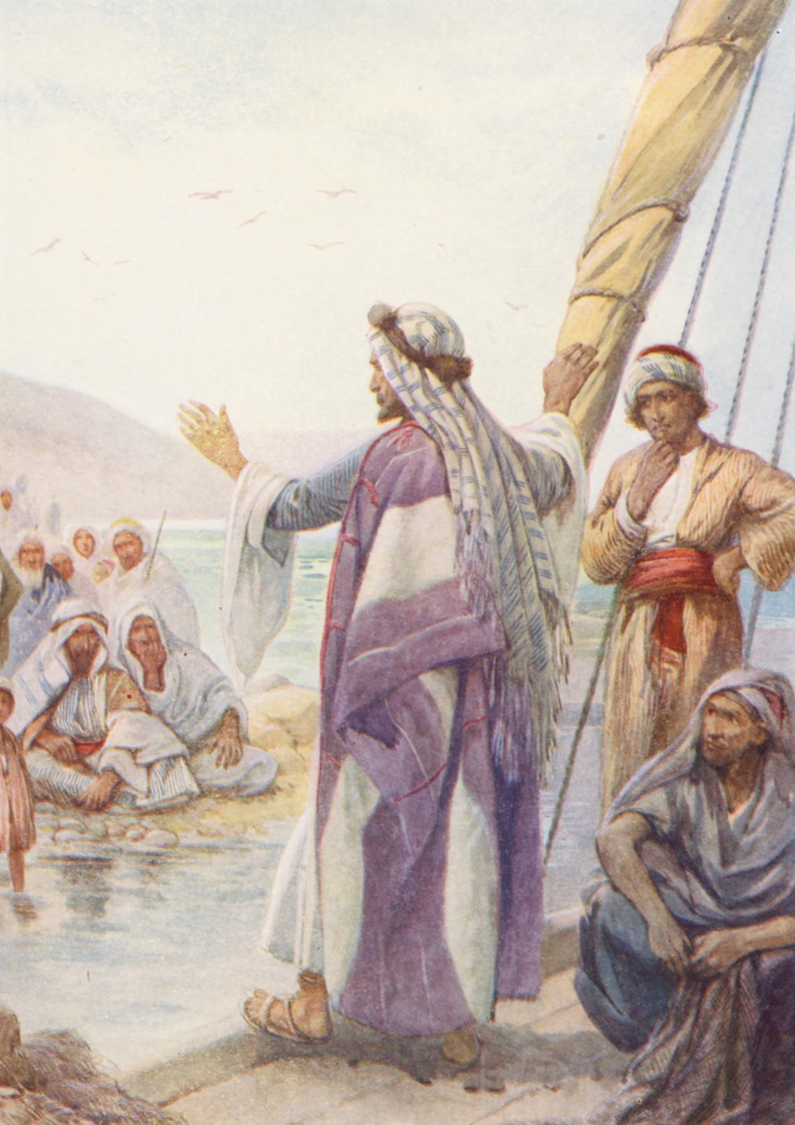 Jezus nauczający z łodzi (kolorowa litografia) autorstwa Evelyn Stuart Hardy