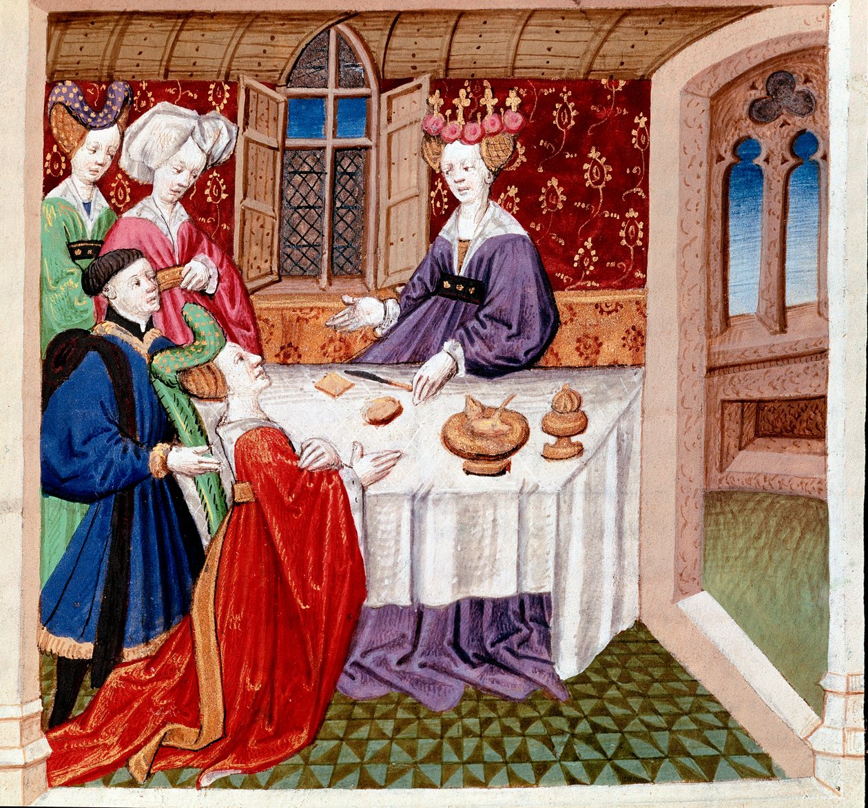 Iseult (lub Iseult) błagają o ochronę królowej Guenevre siedzącej przy jej stole. Miniatura zaczerpnięta z „”Romanesque du Chevalier Tristan et de la reine Yseult”” Gassien de Poitiers iluminowana przez Everarda de Espinques (Evrard d