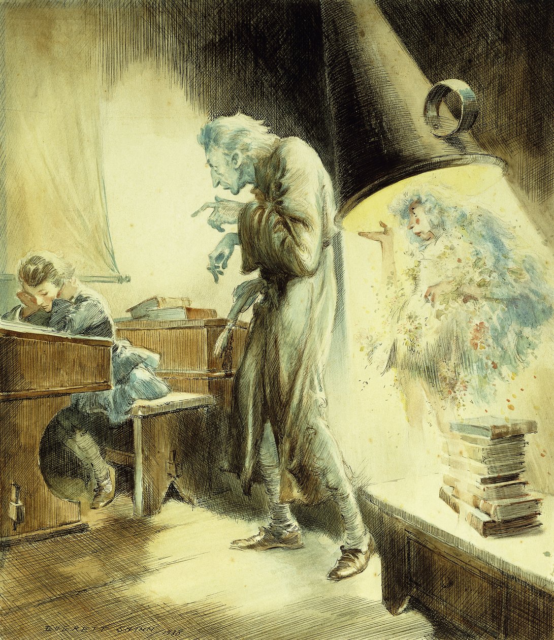 Duch przeszłości Bożego Narodzenia: Scrooge w szkole autorstwa Everett Shinn