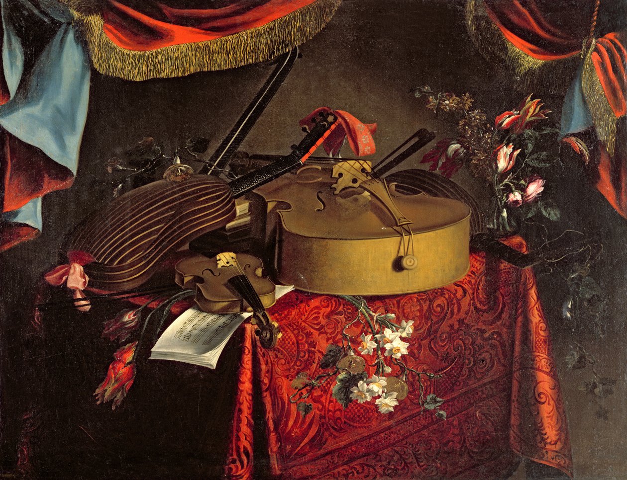 Martwa natura z instrumentami muzycznymi na stole z kwiatami autorstwa Evert Collier