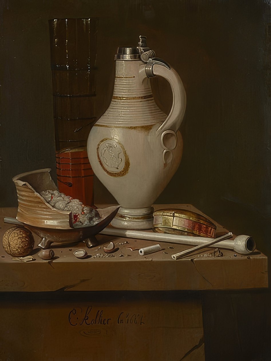 Martwa natura z akcesoriami do palenia i kuflem piwa. 1664 autorstwa Evert Collier
