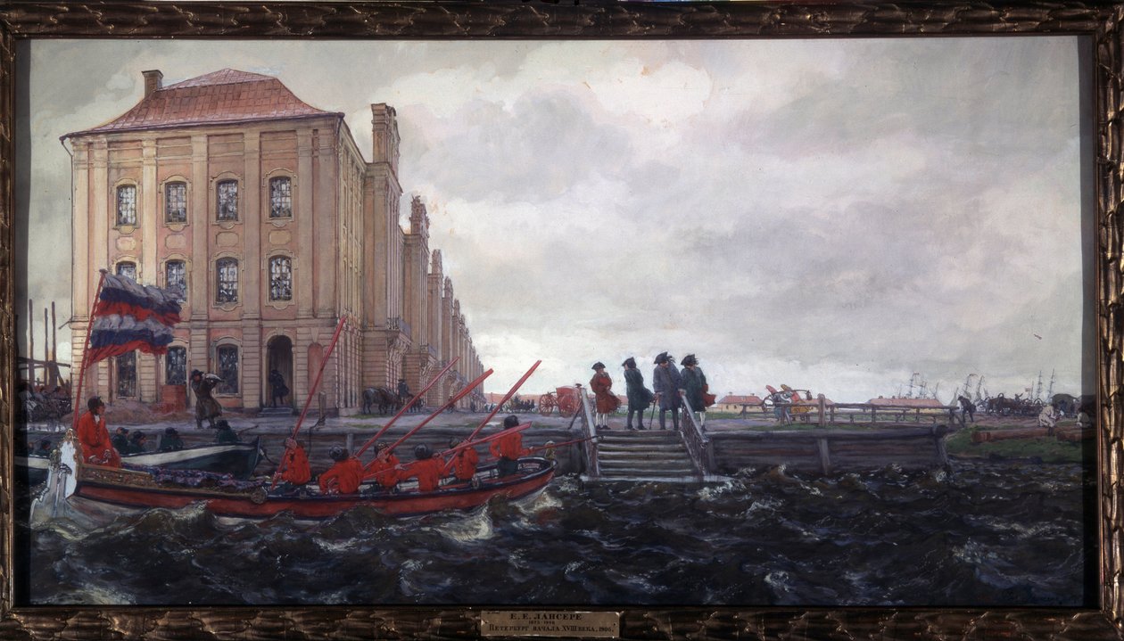 Sankt Petersburg na początku XVIII wieku. Budynek 12 kolegiów. (St Peterburg na początku XVIII w. Budynek Dwunastu Kolegiów). Opis nabrzeża nad Newą, przed uniwersytetem, gdzie mężczyźni oczekują na przybycie łodzi m.in autorstwa Evgeni Evgenievitch Lanceray