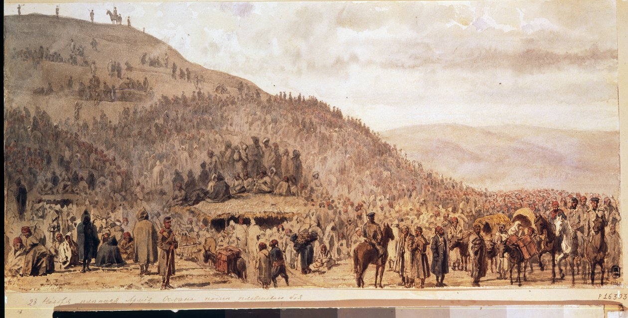 Niewola armii Osmana Paszy (1837-1900) w Plewen (Plewna) (Bułgaria). (Niewola Armii Osmana Paszy w Pleven). Epizod wojny rosyjsko-tureckiej (1877-1878). Praca Evgeni Kirillovich Makarova (1842-1884), akwarela na papierze autorstwa Evgeni Kirillovich Makarov