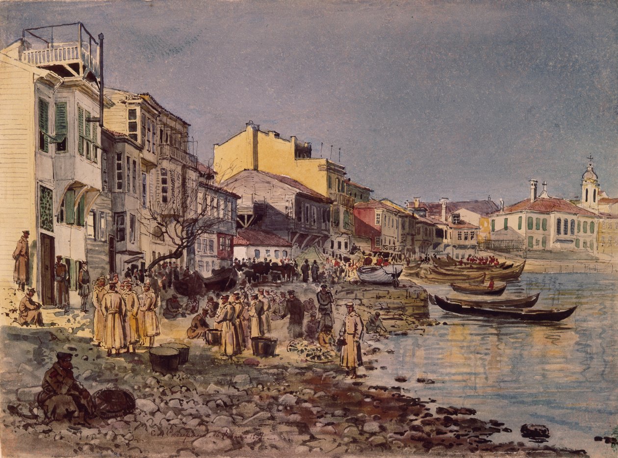 Rosyjscy żołnierze na nabrzeżu w San Stefano, 1878 autorstwa Evgeni Kirillovich Makarov