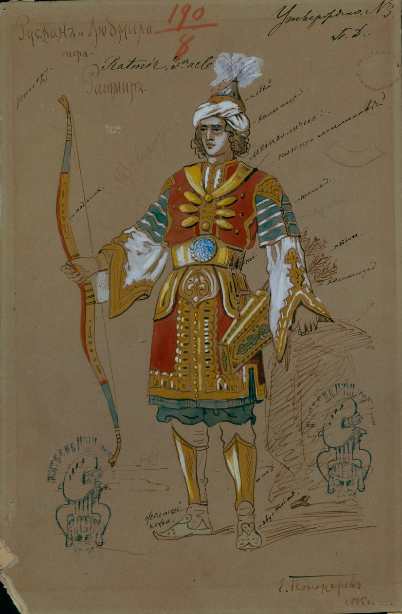 Projekt kostiumów do opery Rusłan i Ludmiła M. Glinki, 1885 autorstwa Evgeni Petrovich Ponomarev