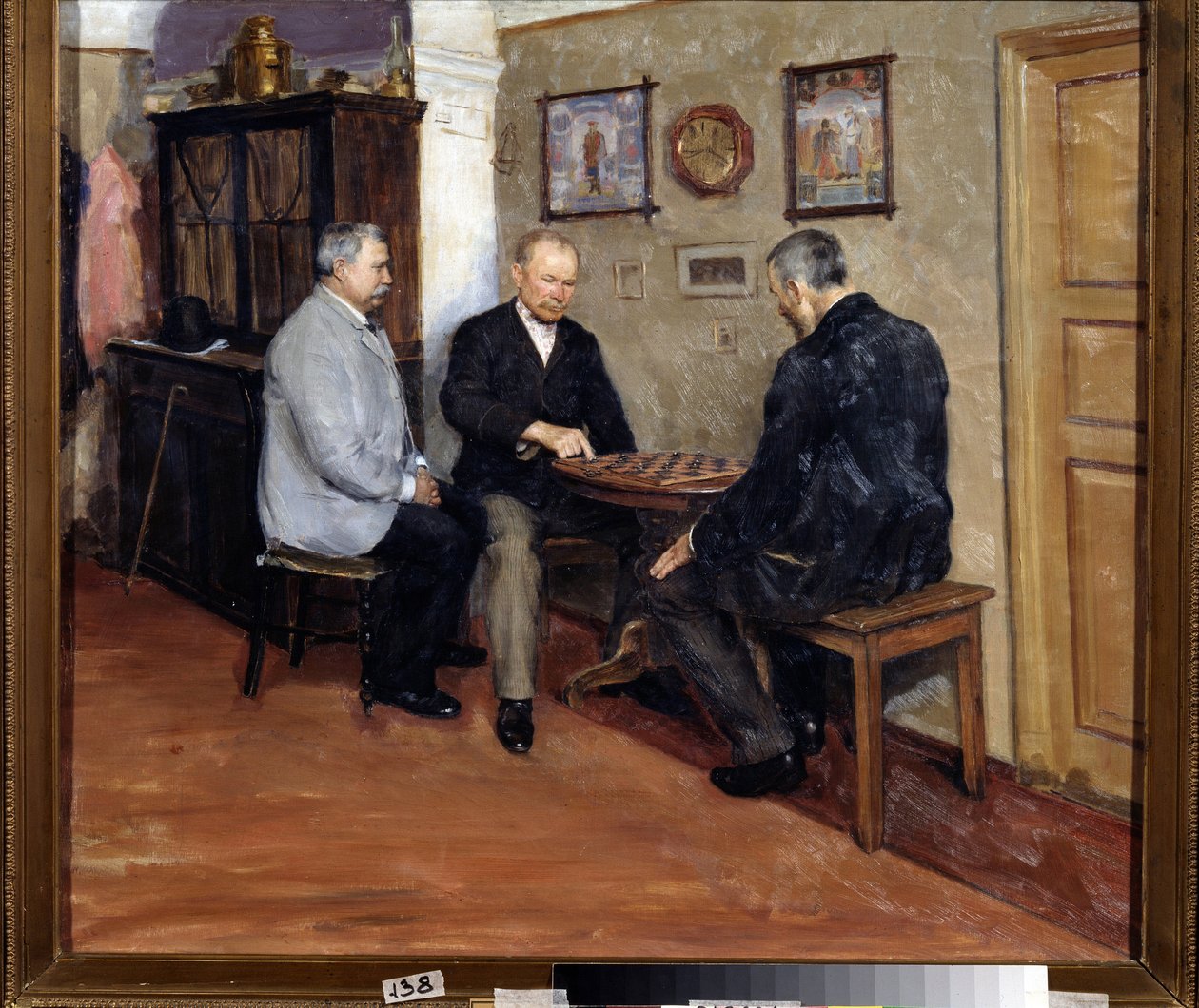 Gracze w warcaby. Malarstwo Jewgienija Iosifowicza Bukowieckiego (1866-1948). Olej na płótnie, 71 x 80 cm autorstwa Evgeniy Iosipovich Bukovetsky