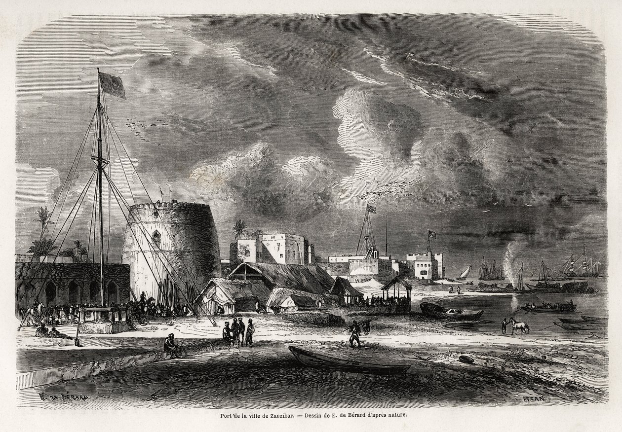 Port miasta Zanzibar (dzisiejsza Tanzania), rysunek Evremonda de Berard (1824-1881), ilustrujący podróż kapitana Burtona do Wielkich Jezior Afryki Wschodniej w latach 1857-1859. Grawerowanie w „”Le tour du monde, nouveau journal des voyages””Paryż autorstwa Evremond de (after) Berard