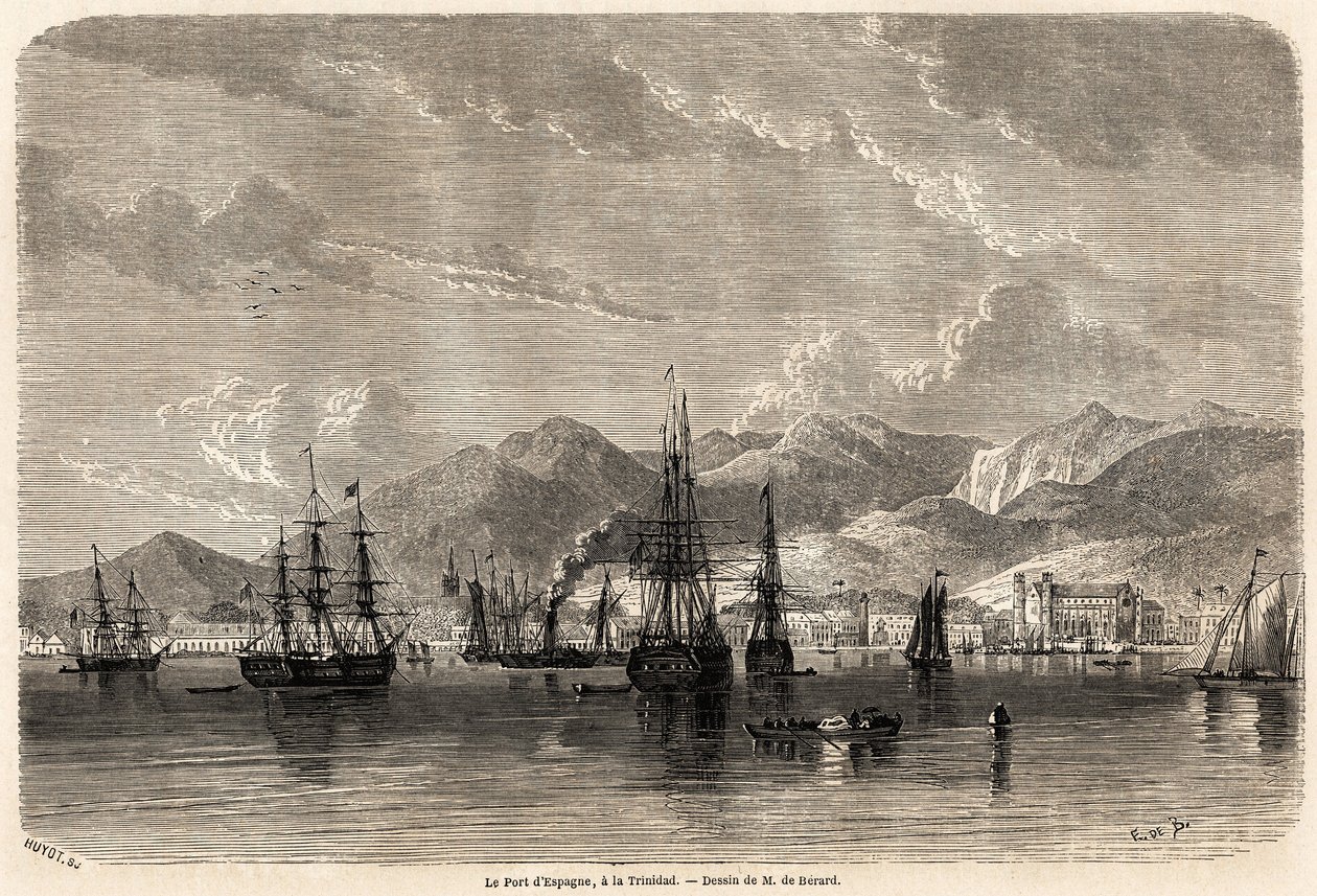 Port w Hiszpanii w Trynidadzie (Trynidad i Tobago), rysunek Evremonda Auguste de Berard (1824-1881), ilustrujący wyprawy do Indii Zachodnich w latach 1858-1859, Anthony Trollope (1815-1882). Grawerowanie w „” Le tour du monde, nouveau journal des voya autorstwa Evremond de (after) Berard