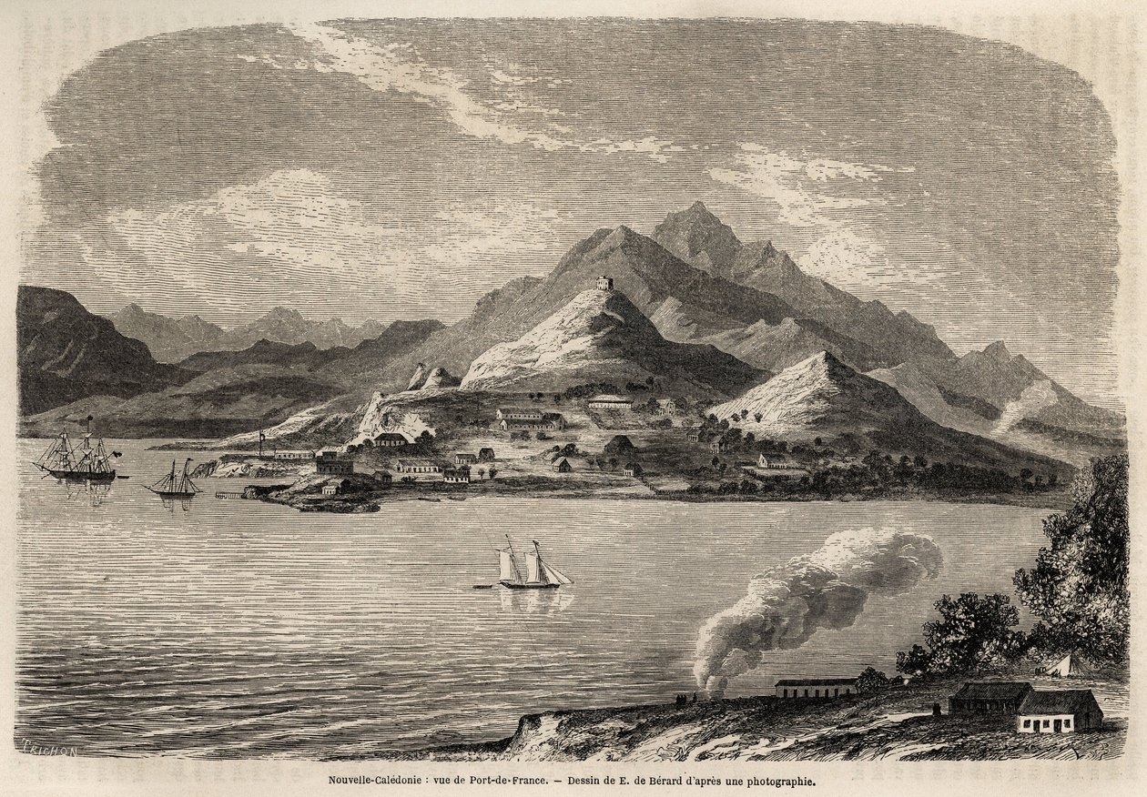 Widok Port of France, Nowa Kaledonia, rysunek Evremont de Berard (1824-1881), ilustrujący podróż Victora de Rochas do Nowej Kaledonii w 1859 roku. Rycina w „”Le tour du monde”” 1861. Kolekcja Selva. autorstwa Evremond de (after) Berard