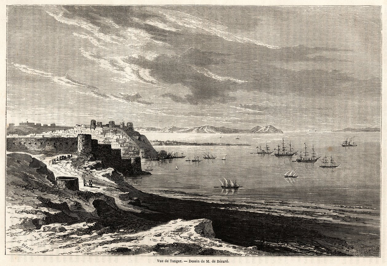 Widok Tangeru (Maroko), rysunek Evremonda de Berarda (1824-1881), ilustrujący notatki z podróży M.F.Schicklera do Maroka. Grawerowanie w „”Le tour du monde, nouveau journal des voyages””Paryż autorstwa Evremond de (after) Berard