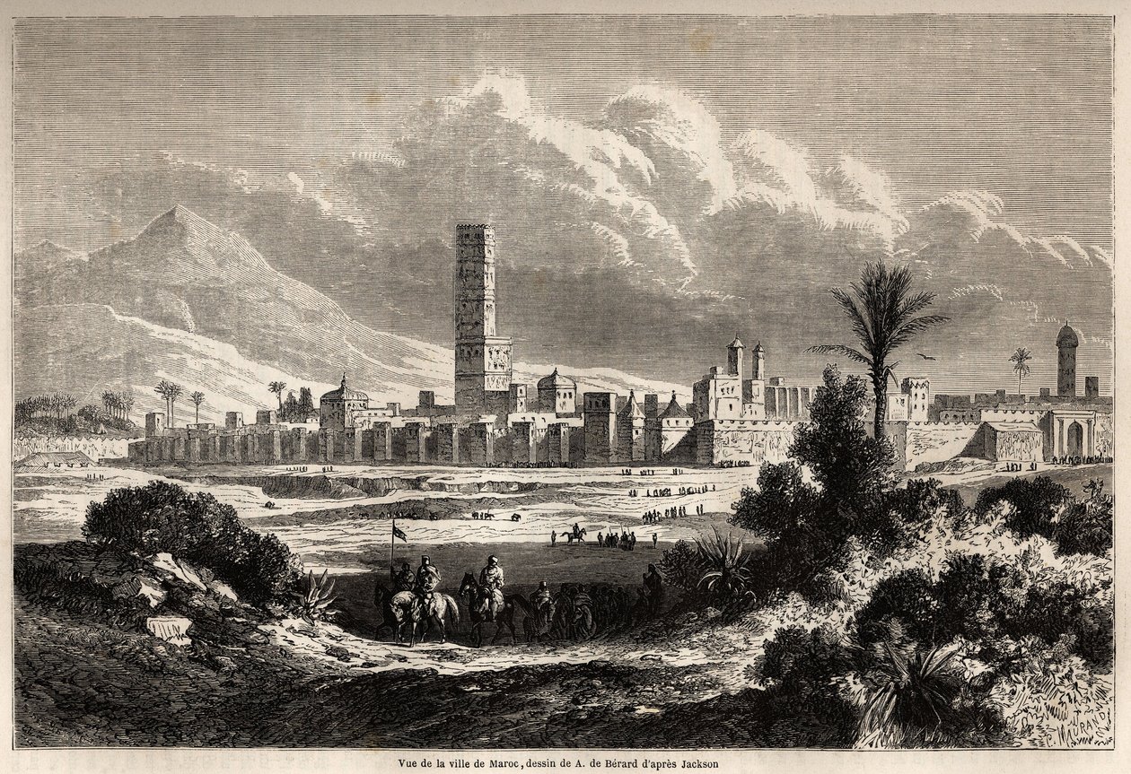 Widok miasta Marrakesz (dawniej Maroko), rysunek Auguste de Berard (1824-1881), ilustrujący Mr.F. Podróż Schicklera do Maroka w 1860 roku. Grawerowanie w „”Le tour du monde, nouveau journal des voyages””Paryż autorstwa Evremond de (after) Berard