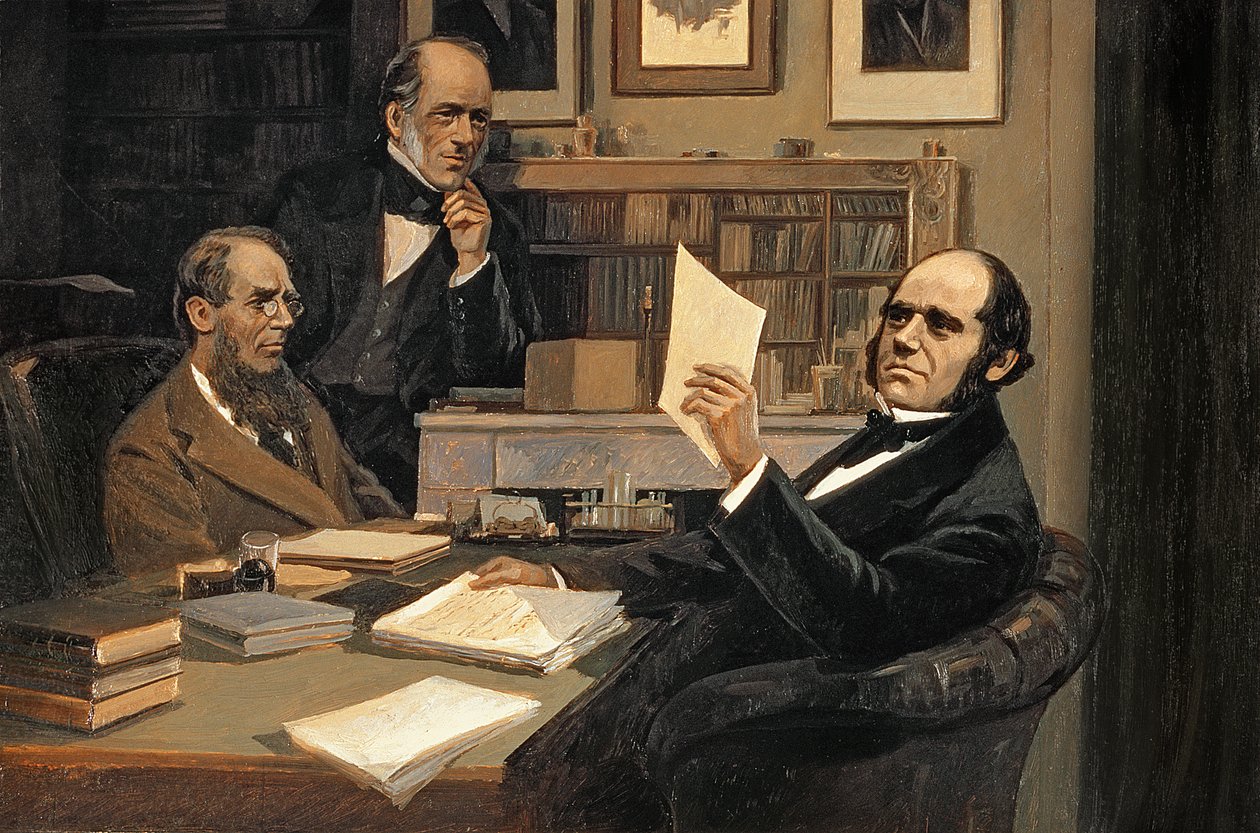 Joseph Hooker (1817-1911), Charles Lyell (1797-1875) i Charles Robert Darwin (1809-82) autorstwa Evstafieff