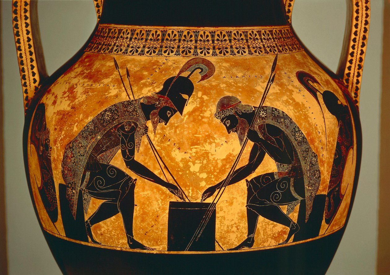 Strychowa amfora czarnofigurowa przedstawiająca Achillesa i Ajaksa grających w kości, z Vulci, ok. 540-530 p.n.e. (ceramika) (detal) autorstwa Exekias Exekias