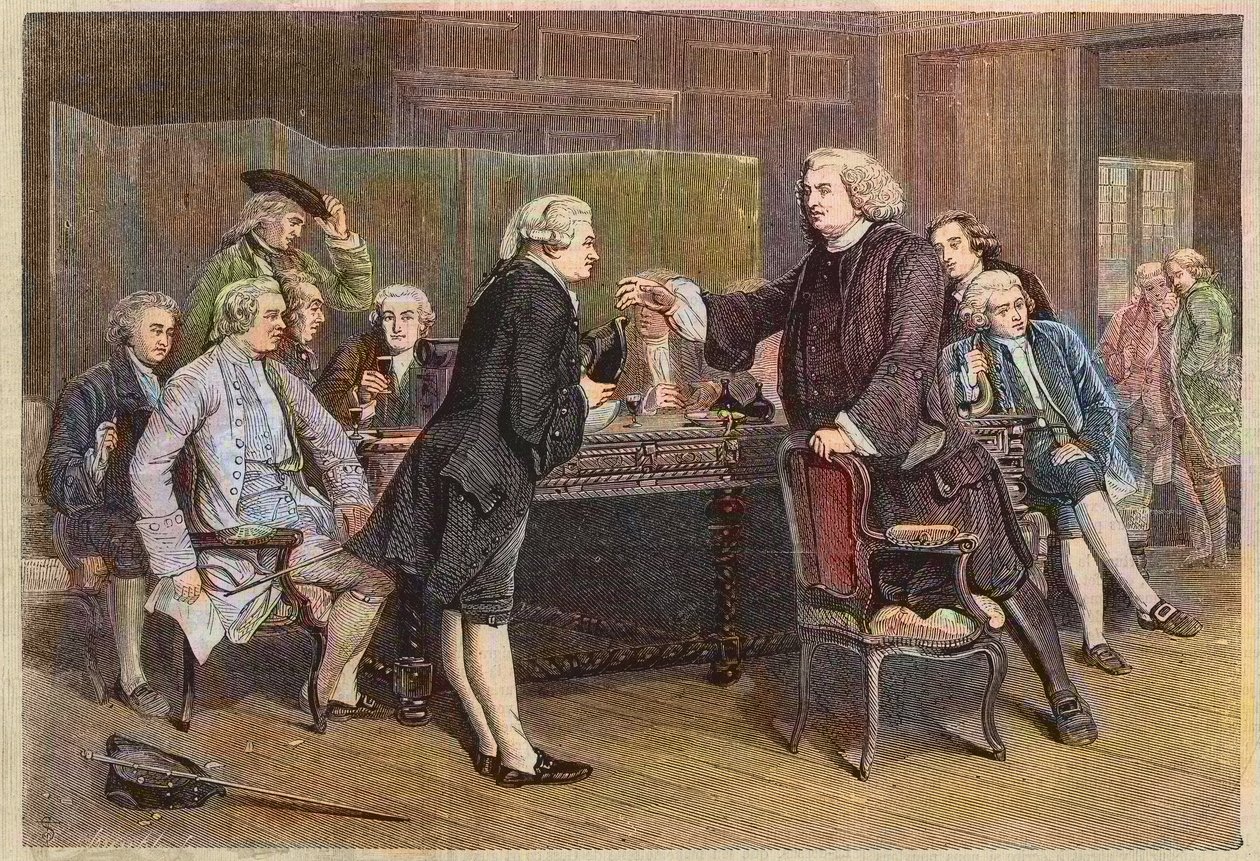 Wprowadzenie Boswella do klubu literackiego - Doktor Johnson odbiera Boswella w bibliotece - Grawerowanie według obrazu Eyre Crowe autorstwa Eyre (after) Crowe