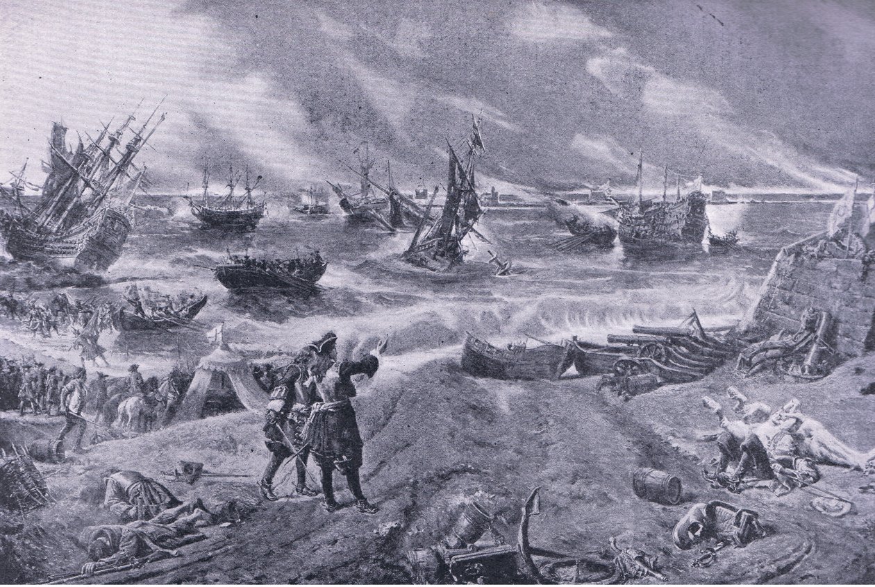 Jakub II w bitwie pod La Hogue, 23 maja 1692, ilustracja z brytyjskich bitew lądowych i morskich, 1915 autorstwa Eyre Crowe
