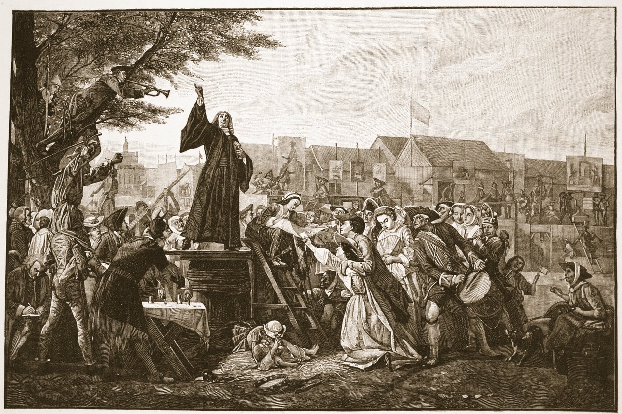 Głoszenie w Whitefield w Moorfields, ilustracja z „Kościoła anglikańskiego: historia dla ludu” autorstwa H.D.M. Spence-Jones, wyd. ok. 1910 (zdjęcie w sepii) autorstwa Eyre Crowe