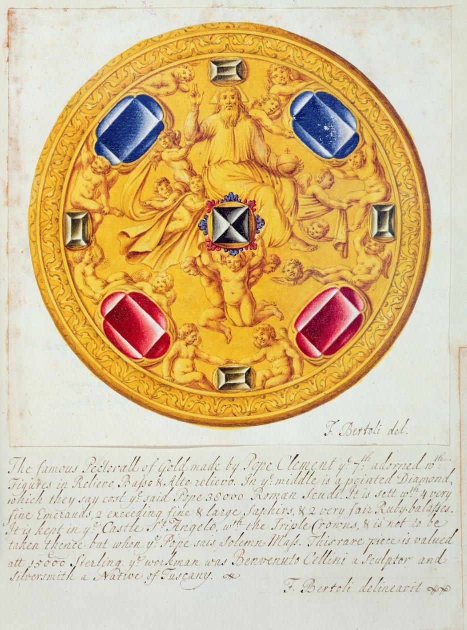 Widok z przodu ornamentu piersiowego ze złota i klejnotów wykonanego dla papieża Klemensa VII przez Cellini w c.1523-34, 1729 autorstwa F. Bertoli