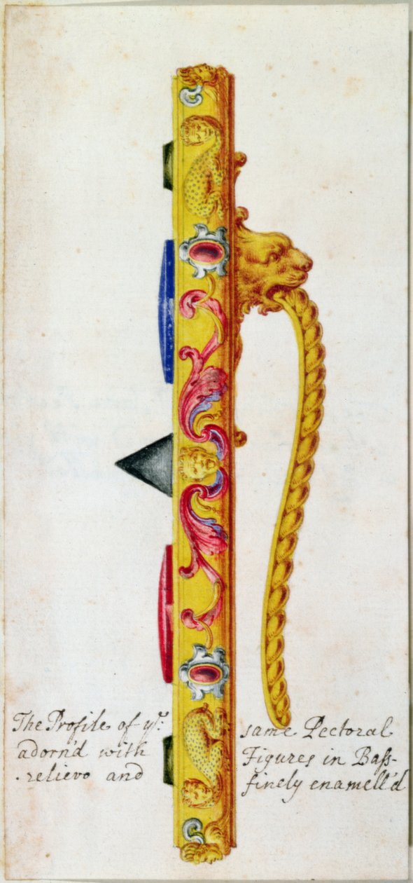 Widok z boku ornamentu piersiowego ze złota i klejnotów wykonanego dla papieża Klemensa VII przez Celliniego w ok. 1523-34 (szczegół z 18061) autorstwa F. Bertoli