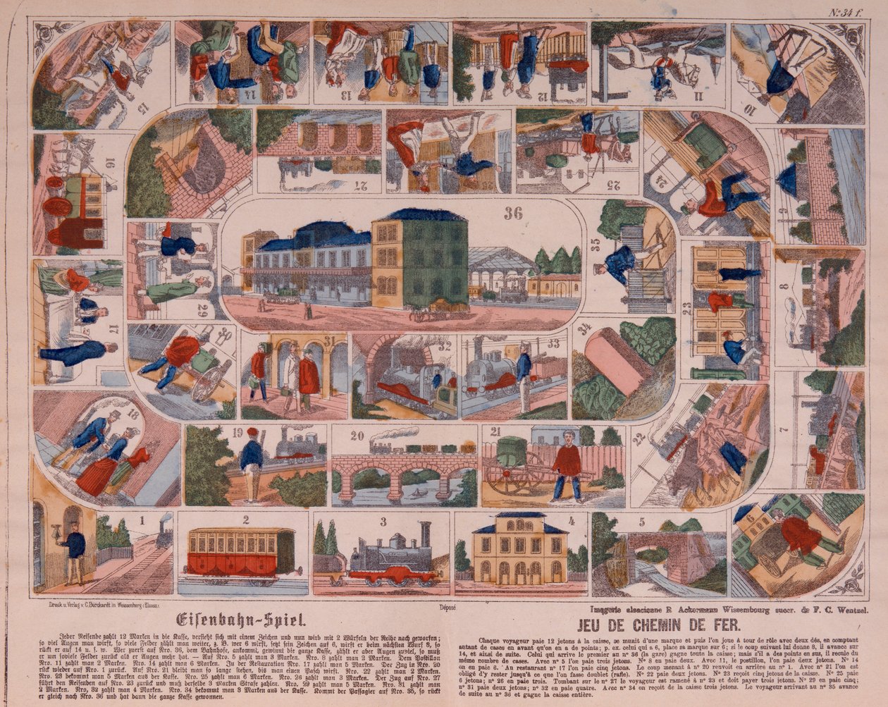 Gra o pociąg parowy, ilustrowana gazeta wydana przez Ackermann, Wissembourg, ok. 1860 r. autorstwa F. C. Wentzel