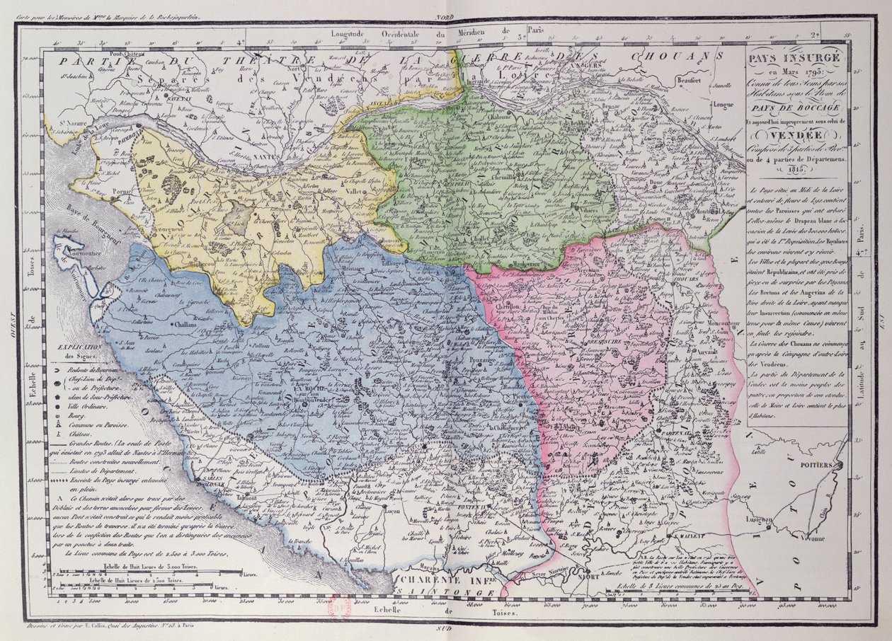 Mapa Wandei przedstawiająca obszar buntu Wandejczyków (1793-96) w marcu 1793 r. ok. 1815 r. (kolorystyka) autorstwa F. Colliu